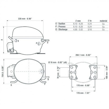 Compressore ermetico Aspera EMT60HLP RSIR S per applicazioni HVAC e refrigerazione.