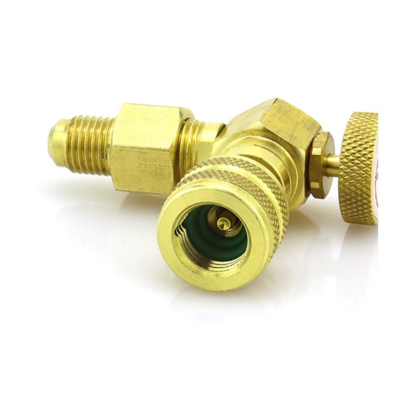 Rubinetto premivalvola ST-VB1 F-1/4″ × M-1/4″ SAE per impianti HVAC e refrigerazione.