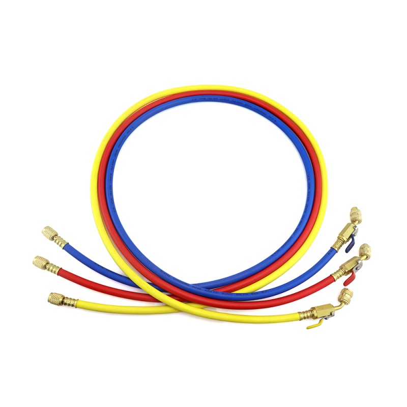 Set tubi ricarica refrigerante CT-360-RYB-HV 150 cm 1/4″ SAE con rubinetto a sfera.