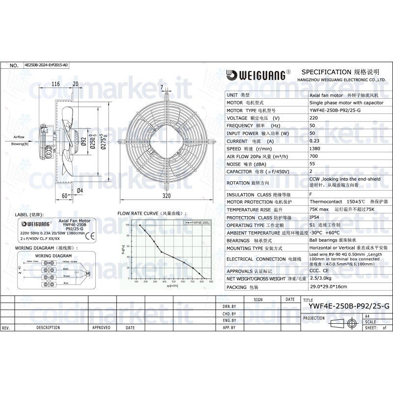 \"Condensatore Weigwang YWF4E-250B-P92/Z5-G per sistemi refrigerazione\"