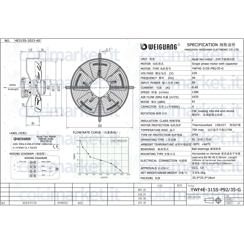 Ventilatore aspirante Ø 315mm 220V 1380giri/min con griglia per impianti HVAC