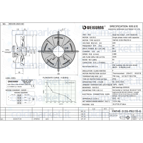 Ventilatore aspirante Ø 315mm 220V 1380giri/min con griglia per impianti HVAC
