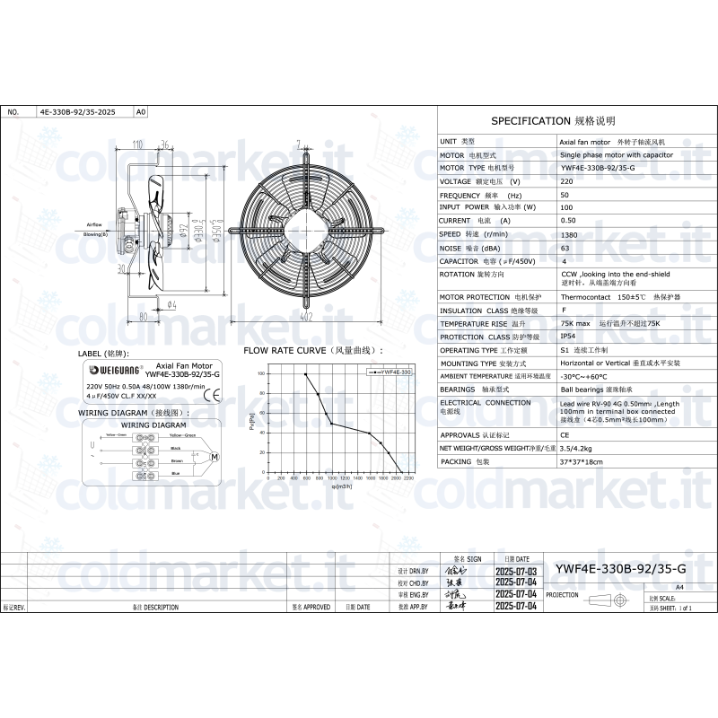 Ventilatore assiale Ø 330 mm Weiguang YWF4E-330B-92/35-G 220V 1400 giri/min