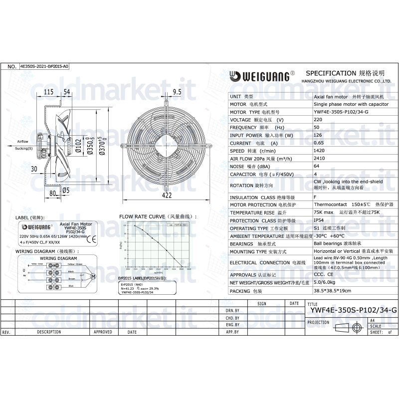 Ventilatore assiale Ø 350 mm Weiguang YWF4E-350S-P102L34-G 220V 1400 giri/min