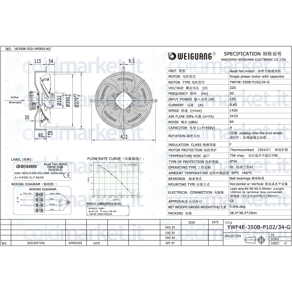 \"Ventilatore Weiguang YWF4E-350B-P102/34-6 per sistemi HVAC\"
