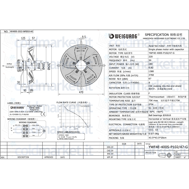 \"Ventilatore Weiguang YWF4E-4005-P102/47-G 400mm per impianti HVAC\"