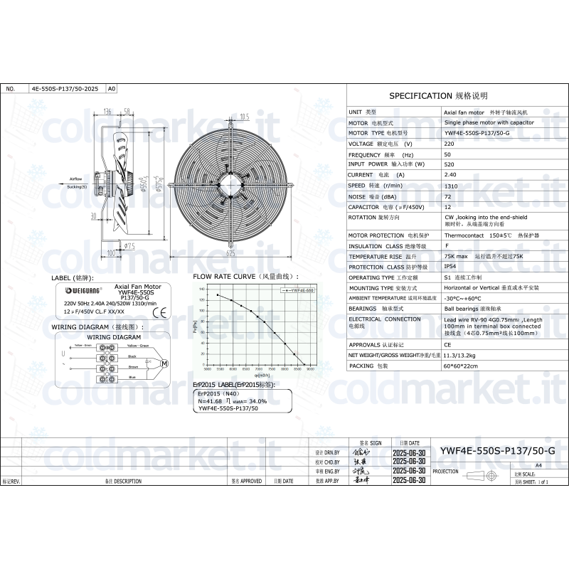 Ventilatore assiale Ø 550 mm 220V 1310 giri/min Weiguang YWF4E-550S-P137/50-G