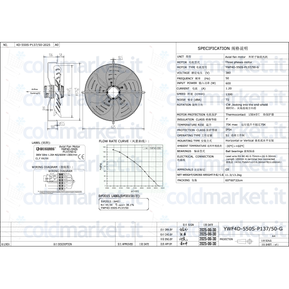Ventilatore assiale Ø 550 mm aspirante trifase 380V 1300 giri/min Weiguang YWF4D-550S-P137L50-G