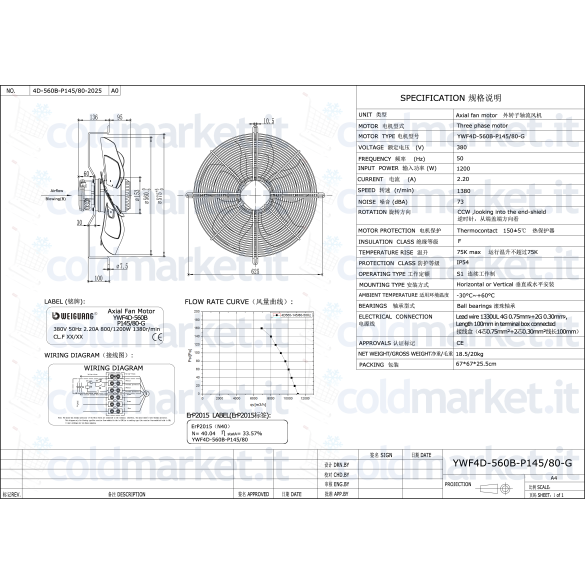 Ventilatore YWFAD-560B-P145/80-G per sistemi HVAC e refrigerazione industriale