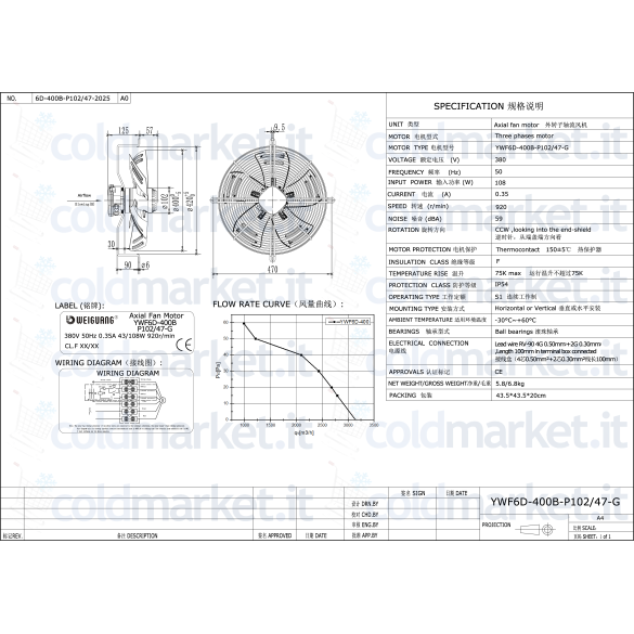 Ventilatore assiale Ø 400 mm premente trifase 380V 900 giri/min Weiguang YWF6D-400B-P102L47-G