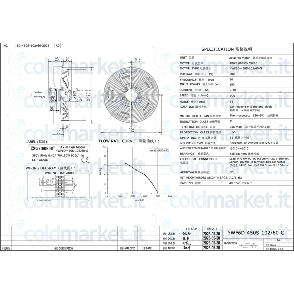 Ventilatore assiale Ø 450 mm aspirante trifase 380V 900 giri/min Weiguang YWF6D-450S-102L60-G