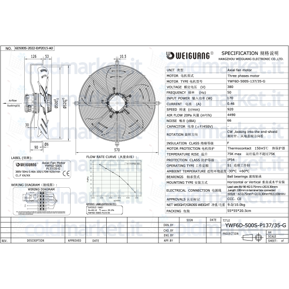 Ventilatore assiale Ø 500 mm Weiguang YWF6D-500S-P137L35-G trifase 380V 920 giri/min