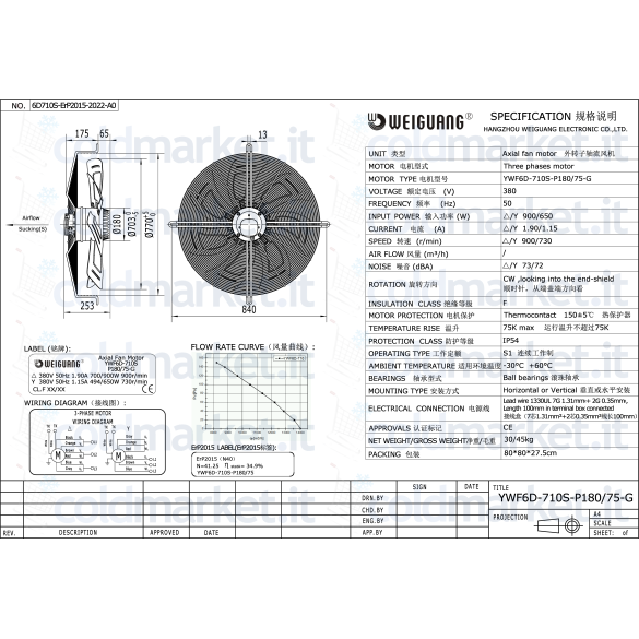 Ventilatore assiale Ø 710 mm aspirante trifase 380V Weiguang YWF6D-710S-P180L75-G