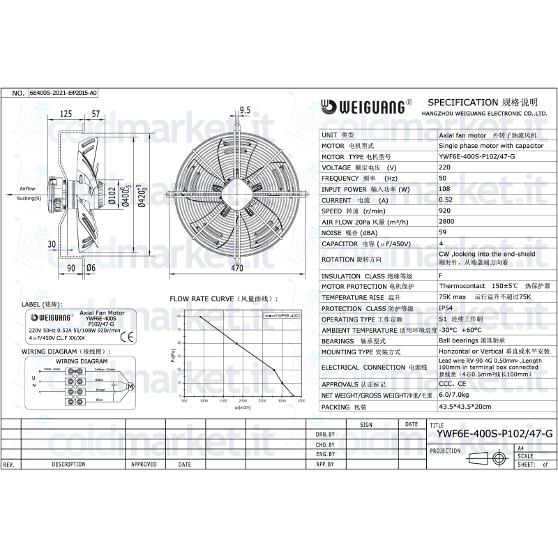 Ventilatore assiale Ø 400 mm Weiguang YWF6E-400S-P102L47-G 220V 900 giri/min aspirante