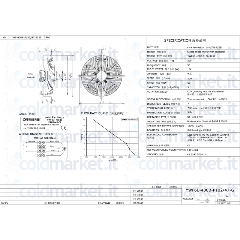 \"Ventilatore YWF6E-400B-P102/47-G per impianti HVAC, alta efficienza\"