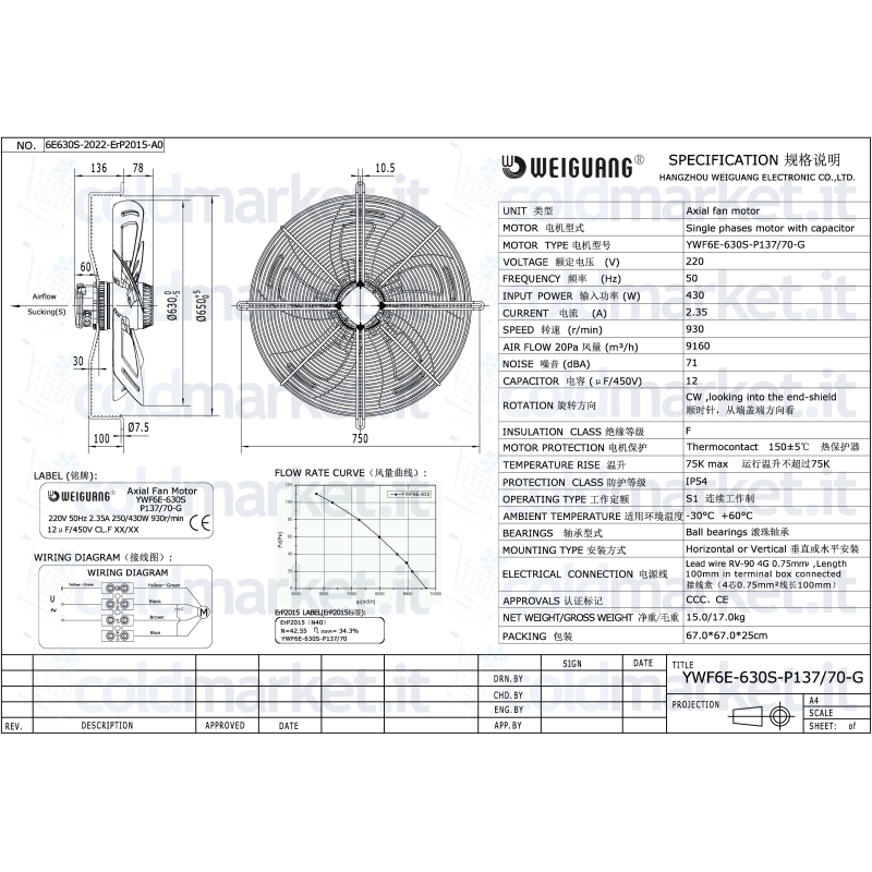 \"Ventilatore Weiguang YWFE-6305-P137/70-G con specifiche tecniche per impianti HVAC\"
