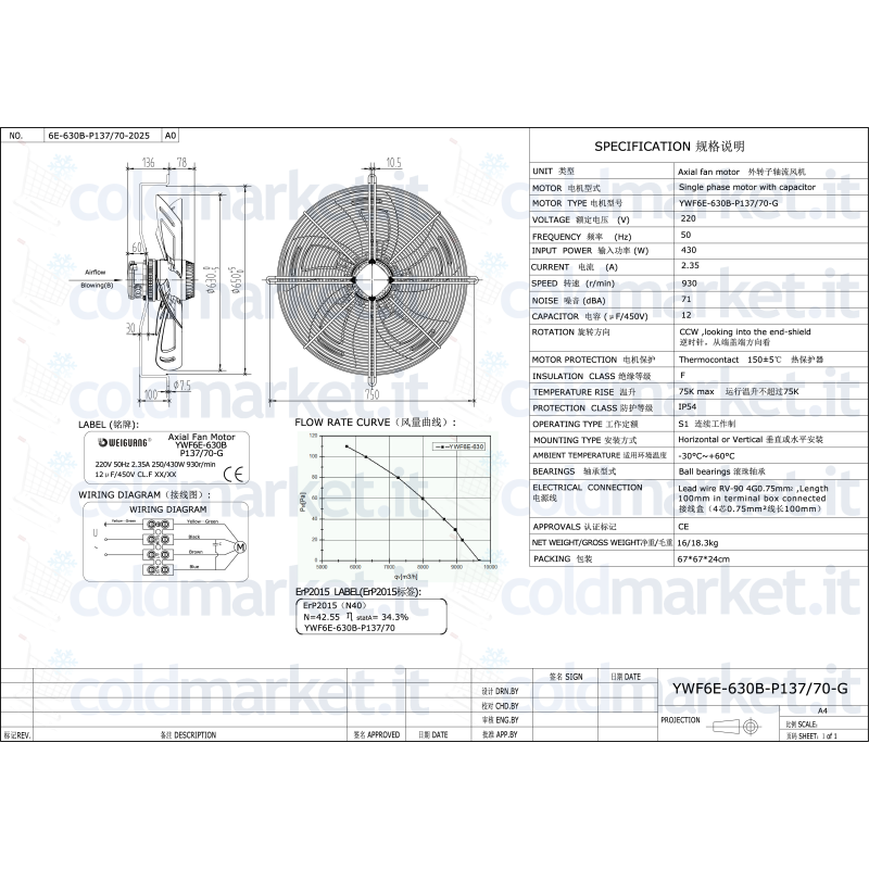 Ventilatore assiale Ø 630 mm Weiguang YWF6E-630B-P137L70-G 220V 930 giri/min