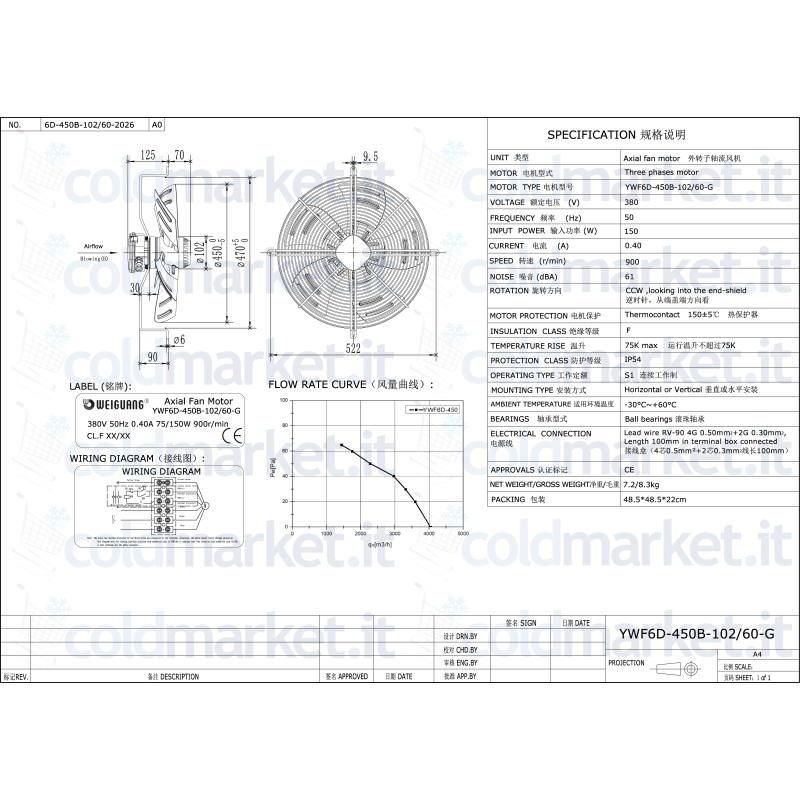 Ventilatore assiale Ø 450 mm Weiguang YWF6D-450B-102L60-G trifase 380V 900 giri/min.