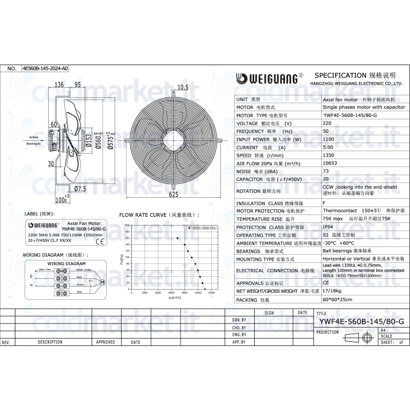 Ventilatore Assiale Ø 560 mm Monofase 230V 1350 giri/min Weiguang YWF4E-560B-145L80