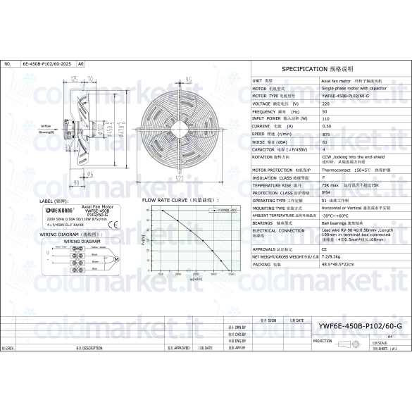\"Ventilatore YWF6E-450B-P102/60-G per applicazioni HVAC\"